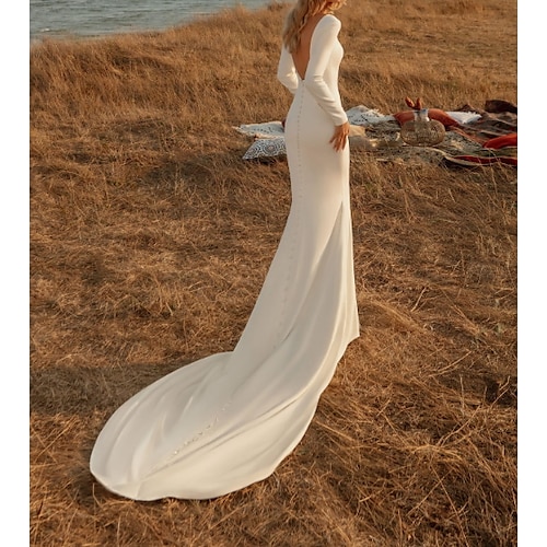 

Mermaid / Trumpet Wedding Dresses Off Shoulder Court Train Chiffon Over Satin Long Sleeve Country Plus Size with Buttons 2022