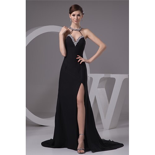 

Mermaid / Trumpet Evening Dresses Sexy Dress Engagement Court Train Sleeveless Halter Neck Chiffon with Beading Slit 2022 / Formal Evening