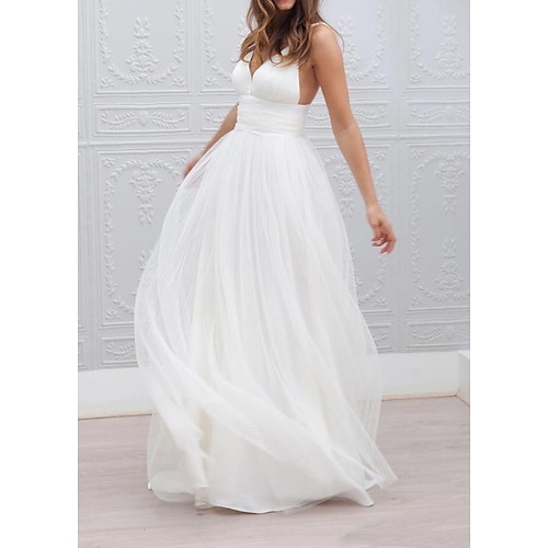 

A-Line Wedding Dresses Spaghetti Strap Plunging Neck Floor Length Taffeta Tulle Chiffon Over Satin Sleeveless Country Plus Size with Buttons Ruched 2022