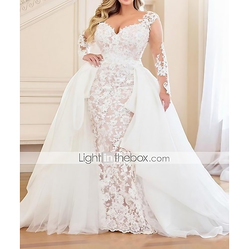 

Mermaid / Trumpet Wedding Dresses V Neck Sweep / Brush Train Lace Organza Long Sleeve Country Plus Size with Lace Embroidery Cascading Ruffles 2022