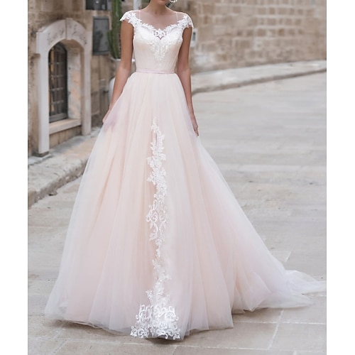 

A-Line Wedding Dresses Jewel Neck Sweep / Brush Train Lace Taffeta Chiffon Over Satin Short Sleeve Country Plus Size with Appliques 2022