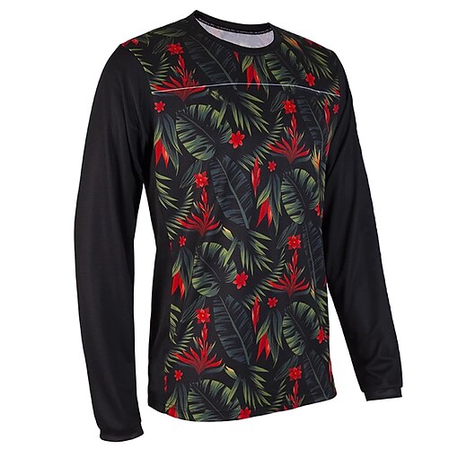 

21Grams Men's Cycling Jersey Downhill Jersey Dirt Bike Jersey Long Sleeve Mountain Bike MTB Road Bike Cycling Black Red Leaf Floral Botanical Bike Jersey UV Resistant Breathable Quick Dry Back Pocket