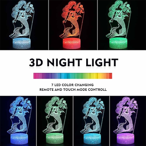 Mermaid Gifts for Girls, 3D Illusion Lamp Mermaid Night Light with 7 Color  Night
