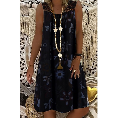 Damen Etuikleid Knielanges Kleid Weiß Schwarz Armeegrün Fuchsie Marineblau Ärmellos Blumen Bedruckt Frühling Sommer Rundhalsausschnitt heiß Alltag Boho Lose 2022 M L XL XXL 3XL 4XL 5XL