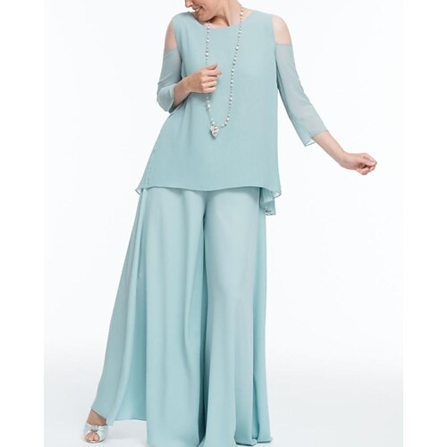 

Pantsuit Mother of the Bride Dress Elegant Jewel Neck Floor Length Chiffon 3/4 Length Sleeve with Ruching 2022