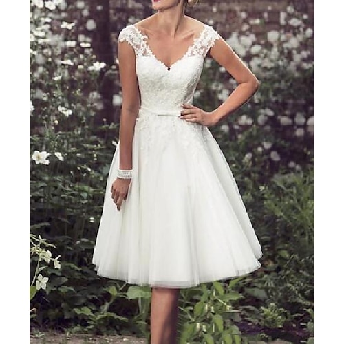 

A-Line Wedding Dresses V Neck Tea Length Lace Tulle Cap Sleeve Vintage Plus Size with Lace Lace Insert 2022