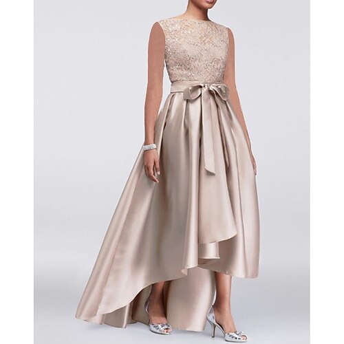 

A-Line Mother of the Bride Dress Elegant Jewel Neck Asymmetrical Satin Lace Sleeveless with Lace Sash / Ribbon Bow(s) 2022
