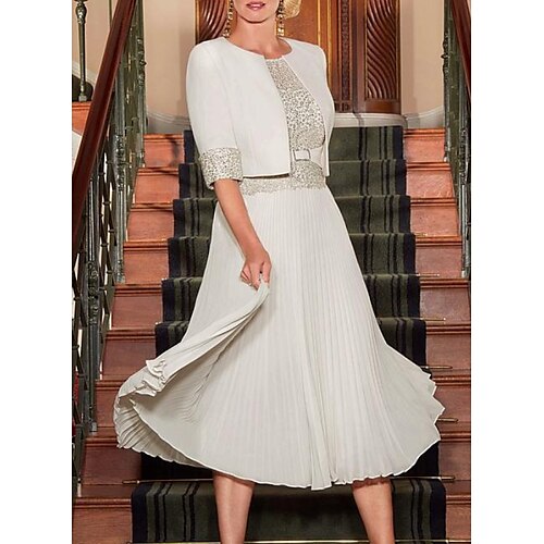 

A-Line Mother of the Bride Dress Elegant Jewel Neck Tea Length Chiffon Satin Half Sleeve with Pleats Sequin 2022