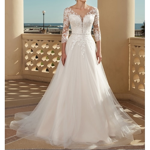 

A-Line Wedding Dresses V Neck Sweep / Brush Train Lace Tulle 3/4 Length Sleeve Country Plus Size with Lace Crystals Appliques 2022