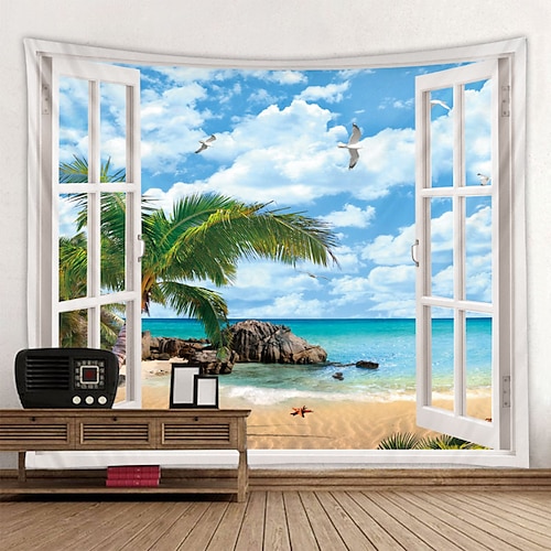 

Window Landscape Wall Tapestry Art Decor Blanket Curtain Picnic Tablecloth Hanging Home Bedroom Living Room Dorm Decoration Polyester Sea Ocean Beach Palm