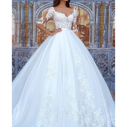 

Ball Gown Wedding Dresses Plunging Neck Floor Length Half Sleeve Country Plus Size with Lace Insert Appliques 2022