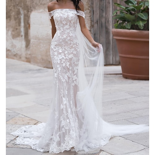 

Mermaid / Trumpet Wedding Dresses Off Shoulder Sweep / Brush Train Tulle Short Sleeve Country Plus Size with Embroidery Appliques 2022
