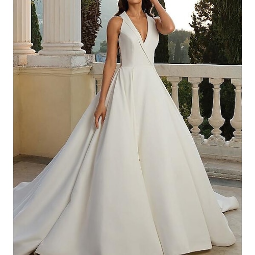 

A-Line Wedding Dresses V Neck Sweep / Brush Train Satin Sleeveless Country Plus Size with Side-Draped 2022