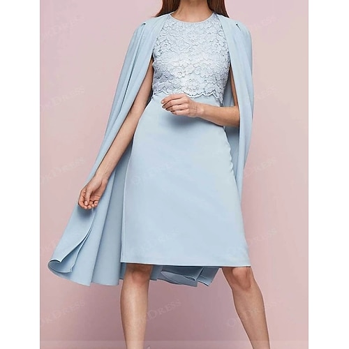 

Sheath / Column Mother of the Bride Dress Elegant Jewel Neck Knee Length Chiffon Lace Short Sleeve with Lace Appliques 2022