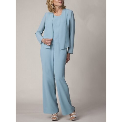 

Pantsuit Mother of the Bride Dress Elegant V Neck Floor Length Chiffon Long Sleeve with Ruffles 2022