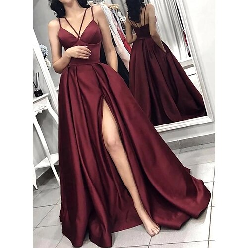 

A-Line Minimalist High Split Party Wear Prom Dress Halter Neck Sleeveless Sweep / Brush Train Satin with Pleats Slit 2022