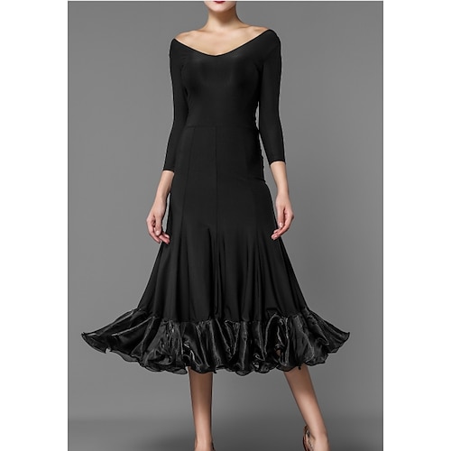 

Ballroom Dance Dress Pleats Cascading Ruffles Women's Performance 3/4 Length Sleeve Elastane