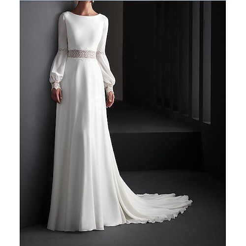 

A-Line Wedding Dresses Jewel Neck Sweep / Brush Train Lace Satin Long Sleeve Country Plus Size with Lace 2022