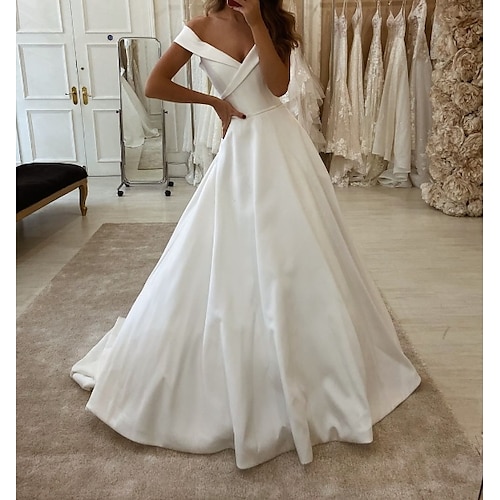 

A-Line Wedding Dresses V Neck Sweep / Brush Train Short Sleeve Country Plus Size with Side-Draped 2022