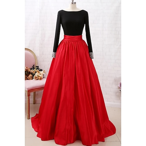 

A-Line Prom Dresses Color Block Dress Party Wear Court Train Long Sleeve Jewel Neck Satin with Pleats 2022