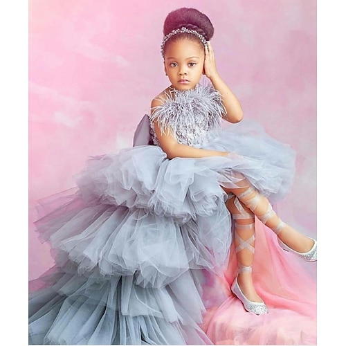 A-Line Chapel Train Flower Girl Dress Pageant & Performance Cute Prom Dress POLY with Feathers / Fur Tiered Fit 3-16 Years