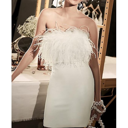 

Sheath / Column Wedding Dresses Strapless Short / Mini Satin Feather Sleeveless Country Plus Size with Feathers / Fur 2022