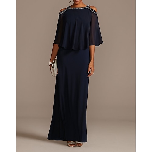

Sheath / Column Mother of the Bride Dress Elegant Jewel Neck Floor Length Chiffon Half Sleeve with Beading Sequin 2022