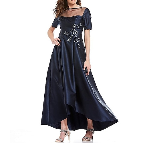

A-Line Mother of the Bride Dress Elegant Illusion Neck Asymmetrical Satin Short Sleeve with Beading Appliques 2022