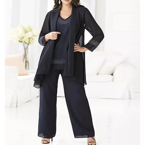 

Pantsuit Mother of the Bride Dress Elegant V Neck Floor Length Chiffon Long Sleeve with Pattern / Print 2022