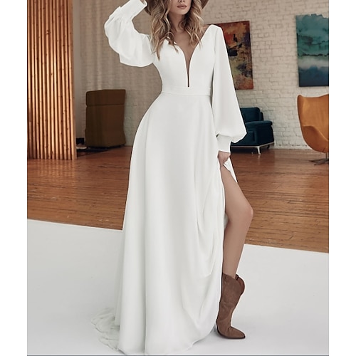 

A-Line Wedding Dresses V Neck Sweep / Brush Train Floor Length Stretch Satin Long Sleeve Country Plus Size with Split Front 2022