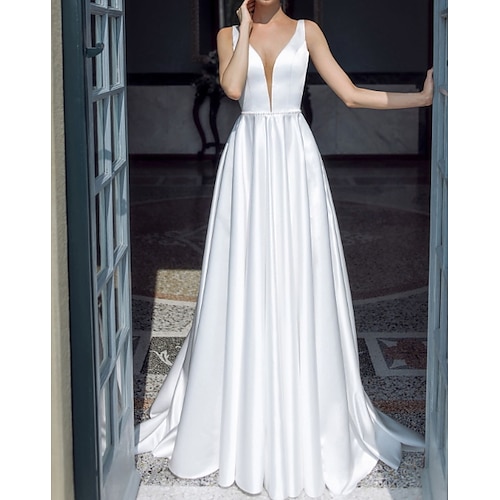 

A-Line Wedding Dresses Plunging Neck Sweep / Brush Train Taffeta Chiffon Over Satin Sleeveless Country Plus Size with Ruched 2022
