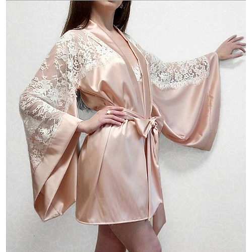 

Women's Plus Size Robes Gown Bathrobes Nighty 1 PCS Pure Color Simple Casual Comfort Party Home Wedding Party Satin Gift Long Sleeve Lace Belt Included Spring Summer Pink / Silk / Spa