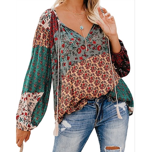 

Women's Blouse Shirt Peasant Blouse Green Purple Dark Gray Geometric Lace up Patchwork Long Sleeve Daily V Neck S / Print