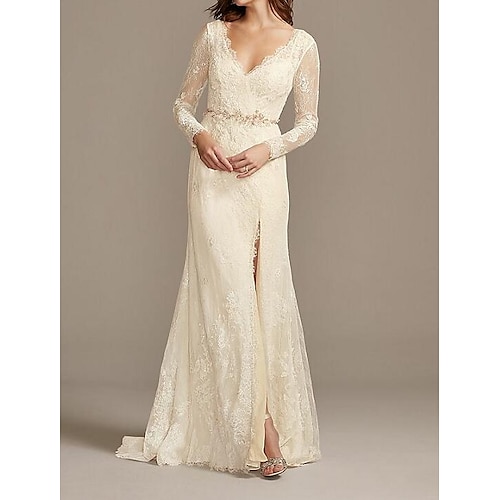 

A-Line Wedding Dresses V Neck Floor Length Lace Satin Long Sleeve Country Plus Size with Lace Sashes / Ribbons Embroidery 2022 / Split Front