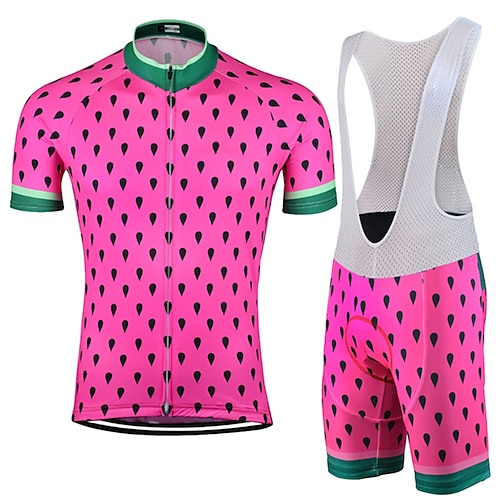 

21Grams Men's Cycling Jersey with Bib Shorts Short Sleeve Mountain Bike MTB Road Bike Cycling Pink Green Polka Dot Bike Clothing Suit UV Resistant 3D Pad Breathable Quick Dry Back Pocket Polyester