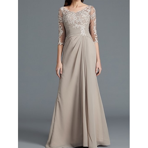 

A-Line Mother of the Bride Dress Elegant Scoop Neck Floor Length Chiffon Lace 3/4 Length Sleeve with Lace Pleats Appliques 2022