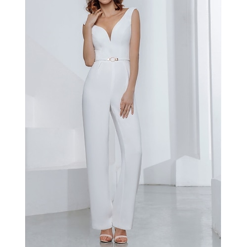 

Jumpsuits Wedding Dresses V Neck Floor Length Stretch Satin Jersey Sleeveless Country Plus Size Backless with Sashes / Ribbons Appliques 2022