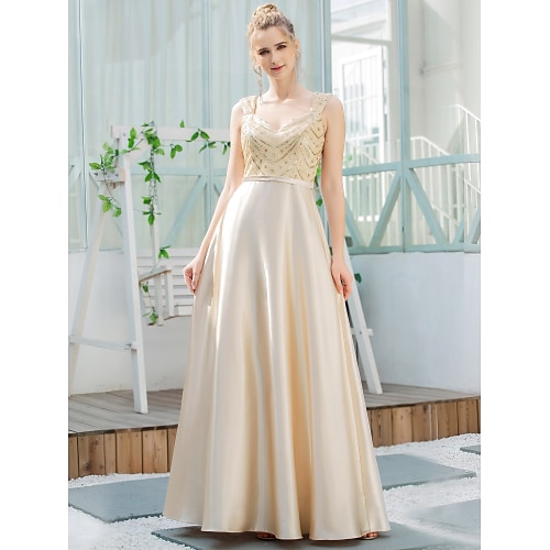 

A-Line Bridesmaid Dress V Neck Sleeveless Elegant Floor Length Satin / Sequined with Sequin 2022