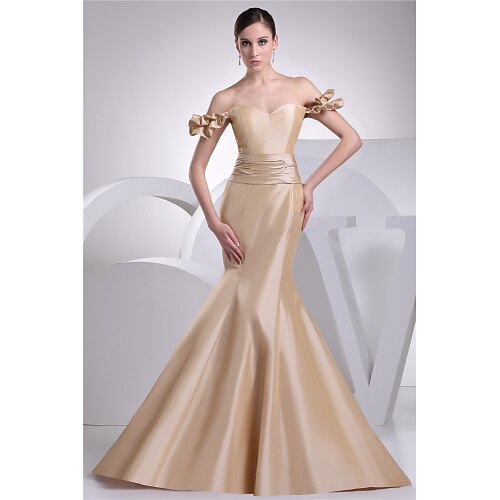 

Mermaid / Trumpet Evening Dresses Elegant Dress Engagement Court Train Short Sleeve Sweetheart Neckline Taffeta with Sash / Ribbon 2022 / Formal Evening