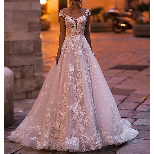 

A-Line Wedding Dresses V Neck Court Train Lace Tulle Short Sleeve Formal Romantic Luxurious Plus Size Backless with Appliques 2022