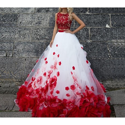 

Ball Gown Wedding Dresses Jewel Neck Sweep / Brush Train Sleeveless Country Plus Size Red with Lace Insert Appliques 2022