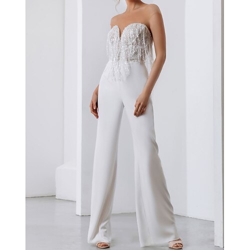 

Jumpsuits Wedding Dresses Strapless Floor Length Cap Sleeve Country Plus Size with Crystals Tassel 2022