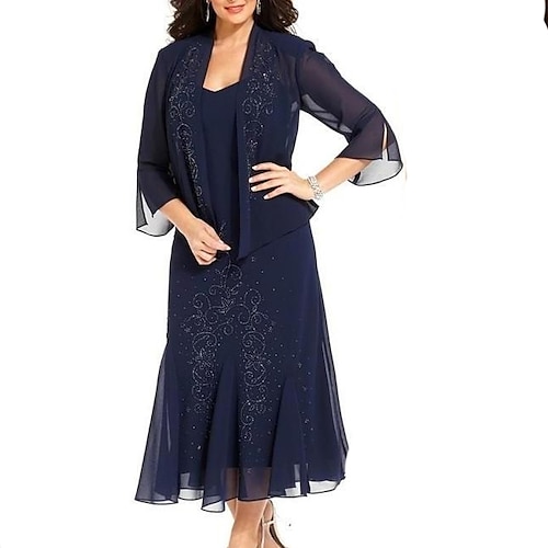 

Sheath / Column Mother of the Bride Dress Sexy Bateau Neck Ankle Length Chiffon Long Sleeve with Lace 2022