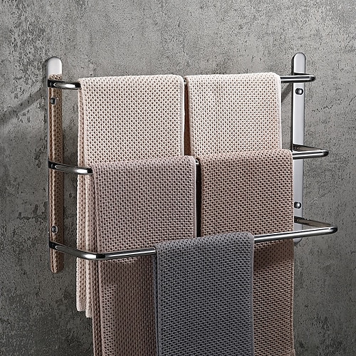 barra de toalha de banheiro 60 cm multicamada de aço inoxidável multifuncional 3 camadas toalheiro montado na parede sivery polido e preto fosco 1 peça