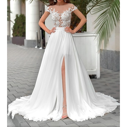 

A-Line Wedding Dresses Jewel Neck Sweep / Brush Train Chiffon Tulle Short Sleeve Country Plus Size Illusion Sleeve with Crystals Appliques Split Front 2022