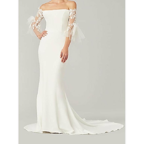 

Mermaid / Trumpet Wedding Dresses Off Shoulder Sweep / Brush Train Lace Satin 3/4 Length Sleeve Country Plus Size with Lace Embroidery 2022