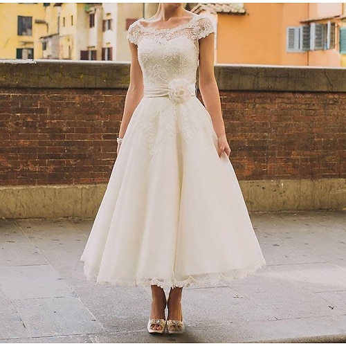 

A-Line Wedding Dresses Jewel Neck Ankle Length Short Sleeve Vintage Plus Size with Sashes / Ribbons Lace Insert 2022