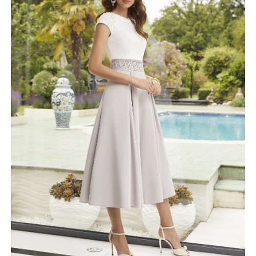 

A-Line Mother of the Bride Dress Elegant Jewel Neck Ankle Length Polyester Short Sleeve with Pleats 2022