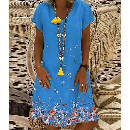 

Women's Shift Dress Blue Yellow Short Sleeve Floral Print Spring Summer V Neck Boom Sale Dress S M L XL XXL 3XL 4XL 5XL