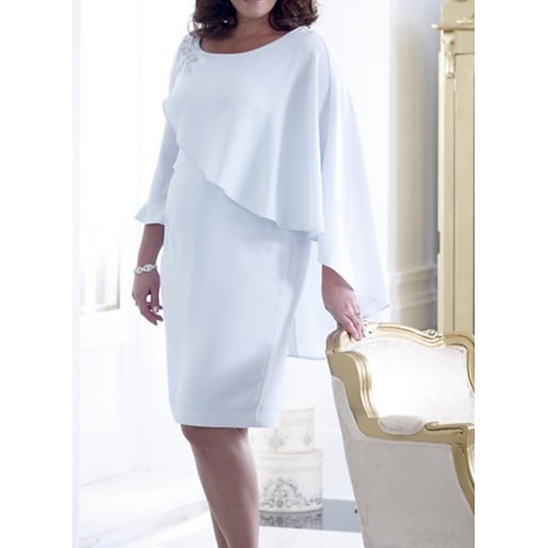 

Sheath / Column Mother of the Bride Dress Elegant Jewel Neck Knee Length Chiffon 3/4 Length Sleeve with Beading 2022